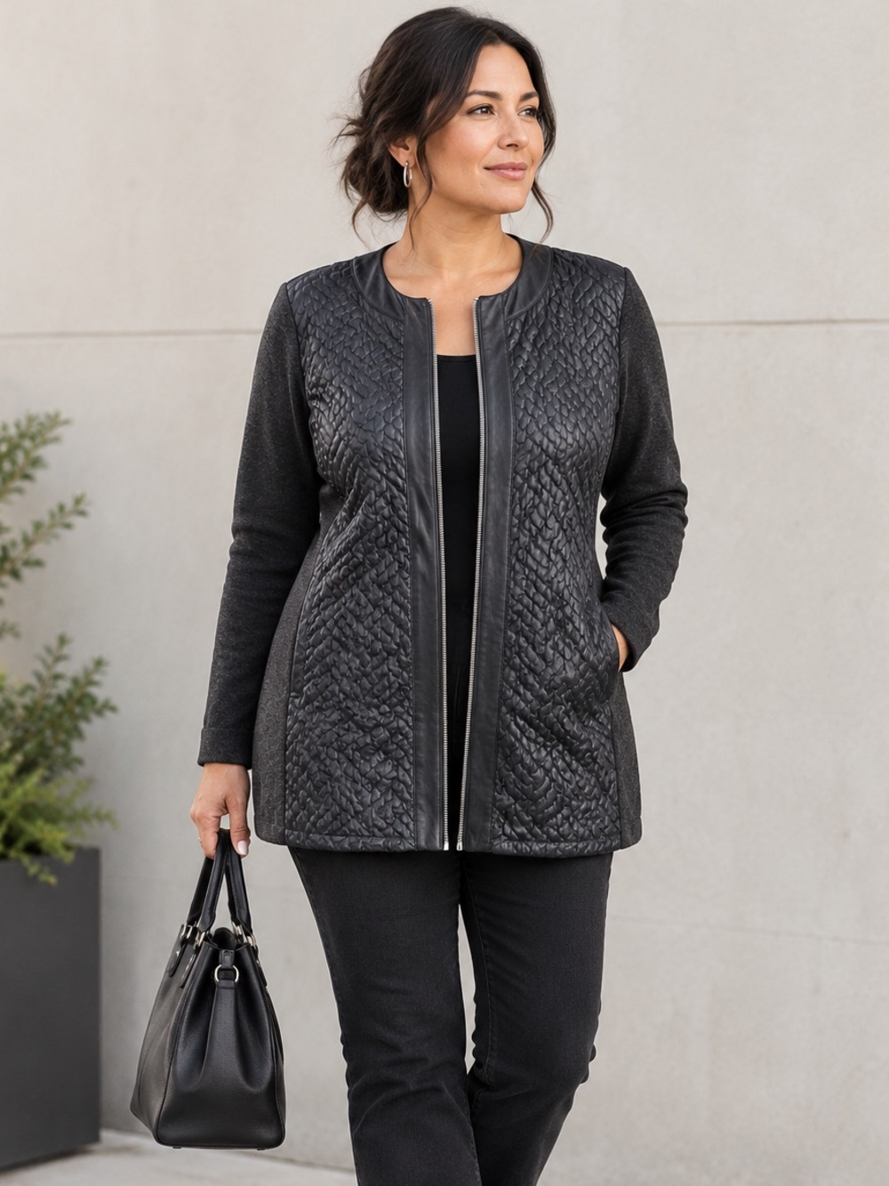 Peter Nygard Black Quilted Vegan Leather Zip-up & Grey Knit Jacket
